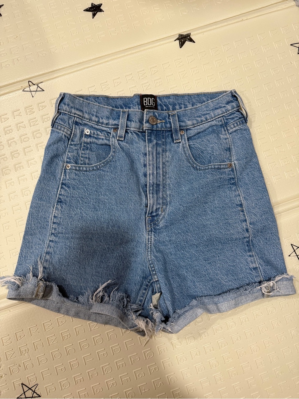 BDG Light Blue High-Rise Frayed Hem Jean Shorts
